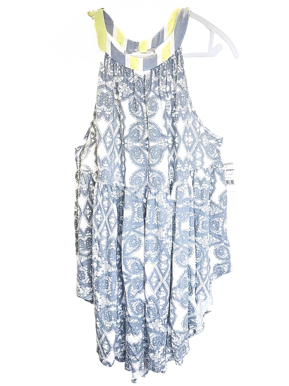 Free People NWT Mimi Halter Tunic Top Ivory Blue Combo Print Sleeveless Sz L